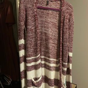 L white and marroon striped cardigan POOF